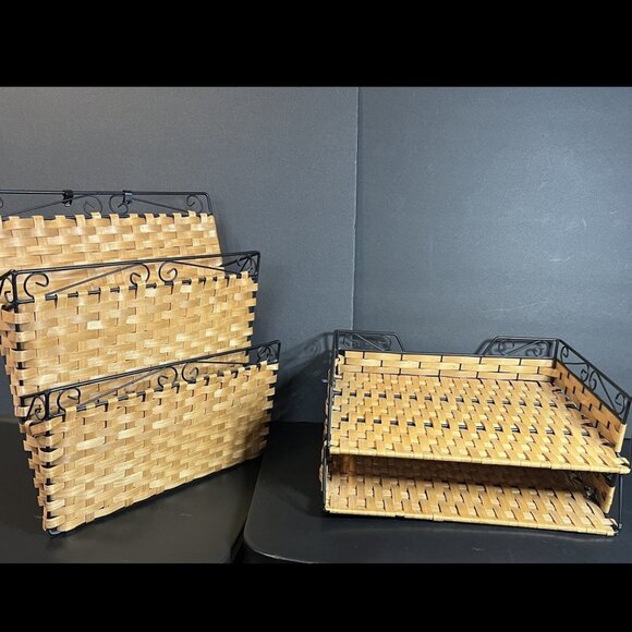 Matching Vintage Woven Wicker Metal Wall Letter Caddy & Desk File Organizer - Picture 1 of 10